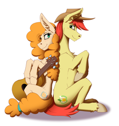 Size: 2540x2688 | Tagged: safe, artist:twotail813, bright mac, pear butter, earth pony, pony, g4, couple, female, guitar, high res, male, mare, musical instrument, ship:brightbutter, shipping, simple background, sitting, smiling, stallion, straight, white background