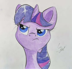 Size: 1624x1555 | Tagged: safe, artist:engi, twilight sparkle, pony, unicorn, g4, female, frown, irritated, simple background, solo, traditional art, watercolor painting, wrong eye color
