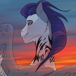 Size: 2048x2048 | Tagged: oc name needed, safe, artist:enderbee, oc, pegasus, pony, blurry background, commission, high res, looking at you, male, pegasus oc, simple background, smiling, smiling at you, stallion, sunrise, tattoo, wings