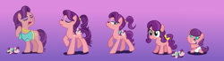 Size: 1280x355 | Tagged: safe, artist:magerblutooth, spoiled rich, earth pony, pony, g4, age regression, baby, baby pony, baby pony in diaper, baby spoiled rich, comic, diaper, doll, eyes closed, female, filly, filly spoiled rich, foal, gradient background, mare, one eye closed, sequence, spoiled milk, toy, younger, younger spoiled rich