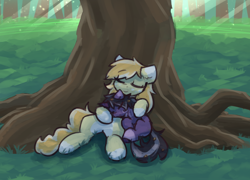 Size: 1922x1386 | Tagged: safe, artist:rivibaes, oc, oc only, oc:orange cream, oc:rivibaes, pegasus, pony, unicorn, female, filly, foal, mare, mother and child, mother and daughter, pegasus oc, sleeping, snuggling, tree