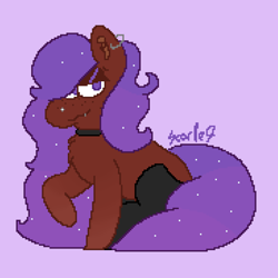 Size: 1280x1280 | Tagged: safe, artist:pastelmare, oc, oc only, oc:alice nebulé, earth pony, pony, chest fluff, choker, clothes, curly hair, cute, ear fluff, ear piercing, earth pony oc, fluffy, freckles, original character do not steal, piercing, pixel art, purple background, purple eyes, purple hair, simple background, smiling, smirk, smug, socks, solo, tail, thigh highs