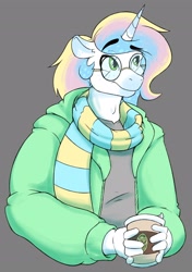 Size: 2040x2896 | Tagged: safe, artist:brewheardt, oc, oc only, oc:lunar moon, anthro, clothes, coffee, glasses, gray background, high res, scarf, simple background, solo, striped scarf