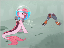 Size: 2822x2117 | Tagged: safe, artist:rexyseven, oc, oc only, oc:koraru koi, merpony, pony, seapony (g4), bubble, bubble helmet, digital art, dorsal fin, female, fish tail, grass, high res, lying down, mare, open mouth, pink mane, prosthetic leg, prosthetic limb, prosthetics, red eyes, rock, solo, tail, teeth, water