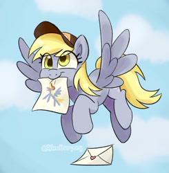 Size: 1398x1427 | Tagged: safe, artist:aanotherpony, derpy hooves, pegasus, pony, g4, cap, cloud, cute, derp, derpabetes, drawing, eye clipping through hair, female, flying, hat, letter, mailmare, mare, mouth hold, signature, sky, smiling, solo, spread wings, wings