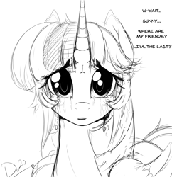 Size: 3000x3100 | Tagged: safe, artist:thelunarmoon, twilight sparkle, alicorn, pony, g4, crying, dialogue, feels, high res, implied sunny starscout, offscreen character, sad, simple background, sketch, solo, talking, twilight sparkle (alicorn), white background