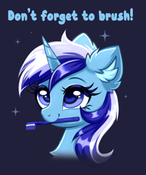 Size: 2818x3366 | Tagged: safe, artist:confetticakez, minuette, pony, unicorn, g4, brushie, brushie brushie, bust, chest fluff, cute, ear fluff, female, high res, mare, minubetes, mouth hold, portrait, smiling, solo, text, toothbrush