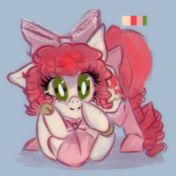 Size: 500x500 | Tagged: safe, artist:bunchi, artist:poppydoll, oc, oc:poppy doll, earth pony, pony, bow, bowtie, chest fluff, cleavage fluff, clothes, curly hair, cute, face down ass up, green eyes, hair bow, lace, long hair, long mane, long tail, looking at you, redesign, simple background, smiling, smiling at you, solo, stockings, tail, thigh highs