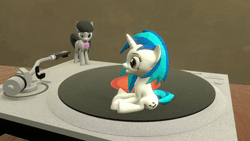 Size: 1280x720 | Tagged: safe, artist:fuzeamateursfm, dj pon-3, octavia melody, vinyl scratch, earth pony, pony, unicorn, g4, 3d, animated, dead or alive, duo, loop, music, octavia is not amused, record, sound, source filmmaker, spinning, tiny, tiny ponies, turntable, turntable pony, unamused, webm, you spin me right round