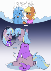Size: 2092x2929 | Tagged: safe, artist:pledus, oc, oc:strict talent, earth pony, pony, unicorn, blushing, clipping, clothes, commissioner:bigonionbean, crying, cutie mark, dialogue, female, fusion, fusion:ms. harshwhinny, fusion:trixie, hat, high res, horn, magic, magician outfit, mare, mirror, sad, scissors, shirt, shocked, sitting, thought bubble, writer:bigonionbean