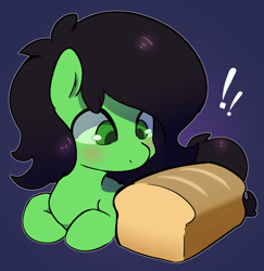Size: 1033x1063 | Tagged: safe, artist:talimingi, oc, oc:filly anon, earth pony, pony, blushing, bread, exclamation point, female, filly, foal, food, looking at something, lying down, ponyloaf, prone, solo