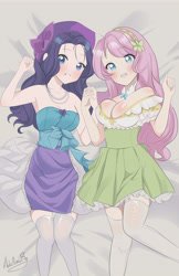 Size: 8533x13133 | Tagged: safe, artist:adrimikurg, fluttershy, rarity, human, g4, alternate hairstyle, bare shoulders, bed, blushing, breasts, busty fluttershy, choker, clothes, cute, dress, duo, female, grin, hairband, holding hands, humanized, jewelry, lesbian, necklace, open mouth, sexy, ship:flarity, shipping, shirt, skirt, sleeveless, smiling, socks, stockings, strapless, thigh highs