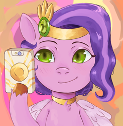 Size: 3828x3900 | Tagged: safe, artist:elissette_anne, pipp petals, pegasus, pony, semi-anthro, g5, adorapipp, arm hooves, cellphone, collar, cute, female, high res, jewelry, mare, phone, purple hair, selfie, simple background, smiling, solo, tiara, unshorn fetlocks