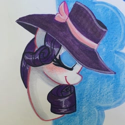 Size: 1440x1440 | Tagged: safe, artist:flutterpawss, rarity, pony, unicorn, g4, blushing, bust, eyelashes, eyes closed, female, hat, makeup, mare, solo, traditional art