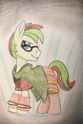 Size: 2348x3497 | Tagged: safe, artist:gracefulart693, oc, oc only, earth pony, pony, earth pony oc, glasses, hat, high res, male, smiling, solo, stallion, traditional art