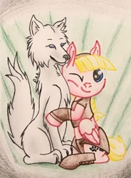 Size: 1422x1927 | Tagged: safe, artist:gracefulart693, oc, oc only, oc:sweetie bloom, pegasus, pony, wolf, chest fluff, clothes, duo, female, mare, one eye closed, pegasus oc, traditional art, wink