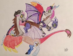 Size: 2044x1564 | Tagged: safe, artist:gracefulart693, oc, oc only, draconequus, beret, draconequus oc, duo, hat, horns, rearing, signature, traditional art, wings