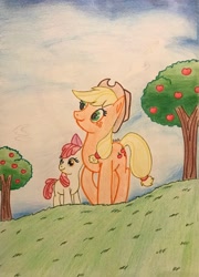 Size: 2408x3344 | Tagged: safe, artist:gracefulart693, apple bloom, applejack, earth pony, pony, g4, apple, apple tree, bow, duo, female, filly, foal, freckles, hair bow, hat, high res, mare, outdoors, siblings, sisters, smiling, traditional art, tree
