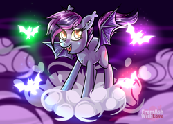 Size: 2800x2000 | Tagged: safe, artist:loverashley, oc, oc only, bat, bat pony, pony, bat pony oc, bat wings, cloud, ear fluff, female, high res, night, on a cloud, smiling, solo, wings