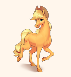 Size: 2845x3125 | Tagged: safe, artist:aquaticvibes, applejack, earth pony, pony, g4, applejack's hat, cowboy hat, female, hat, high res, hoers, hooves, mare, pink background, raised hoof, simple background, solo