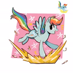 Size: 2048x2048 | Tagged: safe, artist:haibiscuits, rainbow dash, pegasus, pony, g4, female, high res, mare, open mouth, open smile, passepartout, simple background, smiling, solo, spread wings, toy interpretation, white background, wings