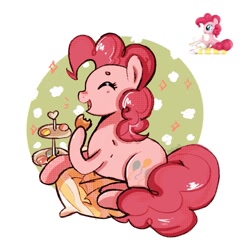 Size: 883x888 | Tagged: safe, artist:haibiscuits, pinkie pie, earth pony, pony, g4, cookie, eating, eyes closed, female, food, hoof hold, lying down, mare, open mouth, open smile, pillow, prone, smiling, solo, toy interpretation