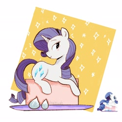 Size: 2048x2048 | Tagged: safe, artist:haibiscuits, rarity, pony, unicorn, g4, female, high res, lying down, mare, passepartout, prone, simple background, solo, toy interpretation, turned head, white background