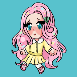 Size: 2000x2000 | Tagged: safe, artist:senpaiispace, fluttershy, human, g4, blue background, chibi, female, high res, humanized, simple background, solo
