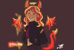 Size: 3000x2000 | Tagged: safe, artist:1640avzc, sunset shimmer, human, equestria girls, g4, clothes, devil horns, devil tail, female, fiery shimmer, halo, hand in pocket, high res, horns, jacket, leather, leather jacket, piercing, short shirt, simple background, smug, solo, tail, turtleneck