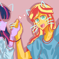 Size: 1080x1080 | Tagged: safe, artist:froseesia, sunset shimmer, twilight sparkle, human, equestria girls, g4, cat ears, duo, female, heart, holding hands, lesbian, ship:sunsetsparkle, shipping, whiskers