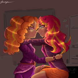 Size: 1500x1500 | Tagged: safe, artist:frezzzypop, adagio dazzle, sunset shimmer, human, equestria girls, g4, duo, female, human coloration, lesbian, ship:sunsagio, shipping