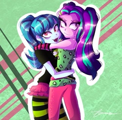 Size: 1131x1115 | Tagged: safe, artist:frezzzypop, aria blaze, sonata dusk, human, equestria girls, g4, abstract background, ass, bare shoulders, butt, duo, embrace, fangs, female, lesbian, ship:arisona, shipping, signature, sleeveless