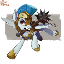 Size: 774x774 | Tagged: safe, artist:cadillac-dynamite, guardian angel (g4), pegasus, pony, armor, blood, female, guardsmare, helmet, mace, mare, morning star, mouth hold, royal guard, solo, weapon