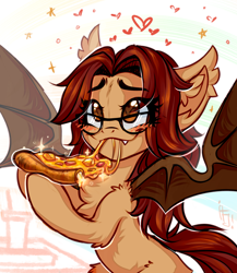 Size: 2480x2857 | Tagged: safe, artist:falafeljake, oc, oc only, unnamed oc, bat pony, pony, bat pony oc, bat wings, blushing, chest fluff, ear fluff, eating, eye clipping through hair, eyebrows, eyebrows visible through hair, fangs, female, food, glasses, high res, leg fluff, mare, pizza, signature, smiling, solo, spread wings, wings