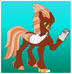 Size: 1850x1900 | Tagged: safe, artist:dozyarts, oc, oc only, oc:pearl diver, classical hippogriff, hippogriff, bandage, broken bone, broken wing, cast, claws, clipboard, colored wings, gradient background, hippogriff oc, hippogriffied, injured, one wing out, sling, solo, species swap, wings