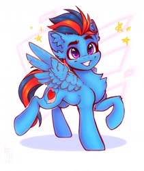Size: 1600x1900 | Tagged: safe, artist:falafeljake, oc, oc only, oc:andrew swiftwing, pegasus, pony, chest fluff, ear fluff, eyebrows, grin, leg fluff, looking at you, male, multicolored hair, multicolored tail, pegasus oc, raised hoof, raised leg, signature, smiling, smiling at you, solo, spread wings, stallion, tail, wings