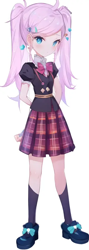 Size: 320x896 | Tagged: safe, ai assisted, ai content, artist:rainbowstarcolour262, generator:pinegraph, oc, oc only, oc:zina pearl, human, equestria girls, g4, anime, blushing, bowtie, clothes, female, hairpin, hand behind back, pigtails, plaid skirt, school uniform, shirt, shoes, simple background, skirt, solo, twintails, white background, wrong eye color