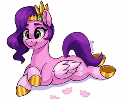 Size: 2048x1638 | Tagged: safe, artist:zendora, pipp petals, pegasus, pony, g5, adorapipp, cute, eyebrows, feather, female, folded wings, jewelry, lying down, mare, prone, shadow, signature, simple background, smiling, solo, sploot, tiara, underhoof, white background, wings