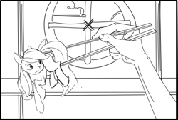 Size: 1072x720 | Tagged: safe, artist:applepost67, applejack, earth pony, human, pony, g4, black and white, chopsticks, female, grayscale, mare, monochrome, offscreen character, sketch, solo focus, tiny, tiny ponies