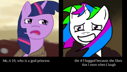 Size: 2048x1156 | Tagged: safe, artist:minecake, twilight sparkle, oc, oc:cake sparkle, g4, canon x oc, meme