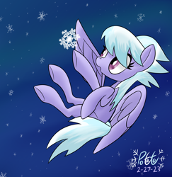 Size: 2082x2143 | Tagged: safe, artist:notadeliciouspotato, cloudchaser, pegasus, pony, g4, female, high res, mare, night, open mouth, signature, sky, snow, snowfall, snowflake, solo, spread wings, wings