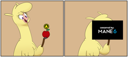 Size: 3126x1402 | Tagged: safe, artist:hitsuji, paprika (tfh), alpaca, them's fightin' herds, 2 panel comic, apple, censored, cloven hooves, comic, community related, female, food, simple background, solo