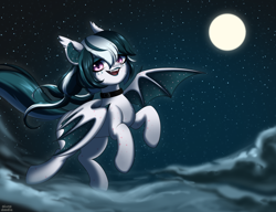 Size: 2600x2000 | Tagged: safe, artist:alunedoodle, oc, oc only, oc:velvet lights, bat pony, cloud, collar, fangs, female, flying, goth, high res, lipstick, moon, night, night sky, piercing, sky, solo, stars