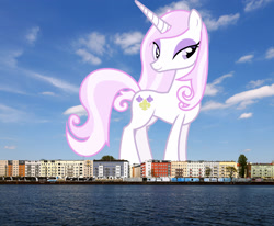Size: 1700x1400 | Tagged: safe, anonymous editor, artist:90sigma, edit, fleur-de-lis, pony, unicorn, g4, berlin, female, germany, giant pony, giant unicorn, giantess, highrise ponies, irl, looking at you, macro, mare, mega giant, photo, ponies in real life, smiling, solo