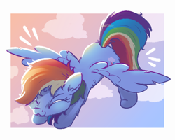 Size: 1000x800 | Tagged: safe, artist:candy meow, rainbow dash, pegasus, pony, g4, :3, cloud, cute, dashabetes, ear fluff, eyes closed, female, gradient background, leg fluff, mare, messy mane, messy tail, simple background, solo, spread wings, stretching, tail, wing fluff, wings