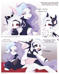 Size: 4000x5000 | Tagged: safe, artist:xsatanielx, oc, oc only, oc:nightlight snow, bat pony, pony, bat pony oc, biting, book, comic, father and child, father and daughter, female, glasses, hair bite, male, mare, purring, text, yawn