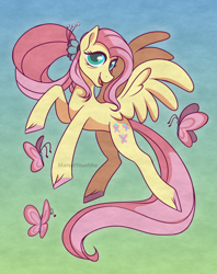 Size: 2448x3094 | Tagged: safe, artist:marsel1nushka, fluttershy, butterfly, pegasus, pony, g4, concave belly, female, high res, mare, older, older fluttershy, open mouth, open smile, smiling, solo, spread wings, unshorn fetlocks, wings