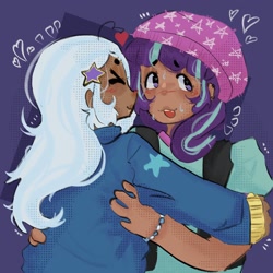 Size: 2048x2048 | Tagged: safe, artist:stanleyiffer, starlight glimmer, trixie, human, equestria girls, g4, blushing, clothes, eyes closed, female, heart, heart eyes, high res, hug, human coloration, lesbian, ship:startrix, shipping, wingding eyes