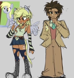 Size: 629x658 | Tagged: safe, artist:darkzombiez, derpy hooves, doctor whooves, time turner, human, pegasus, pony, anthro, g4, rainbow falls, clothes, converse, dark skin, humanized, moderate dark skin, screencap reference, shoes, smiling, socks, standing, thigh highs