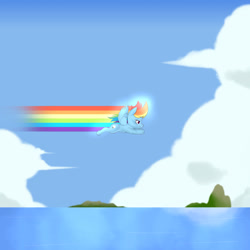 Size: 1280x1280 | Tagged: safe, artist:zettaidullahan, rainbow dash, pegasus, pony, g4, cloud, flying, ocean, sky, solo, water